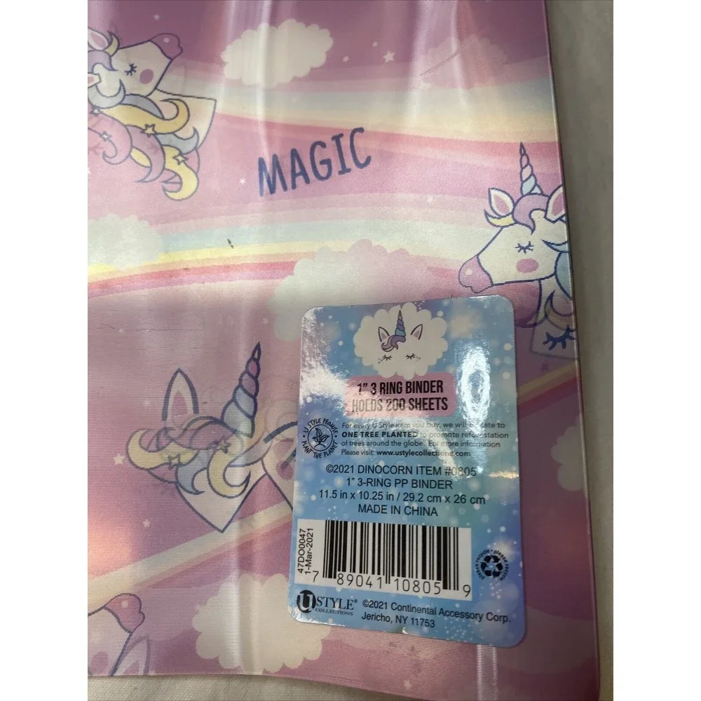 U Style Collection 1.in 3 Ring Pink Binder Hologram Unicorns 